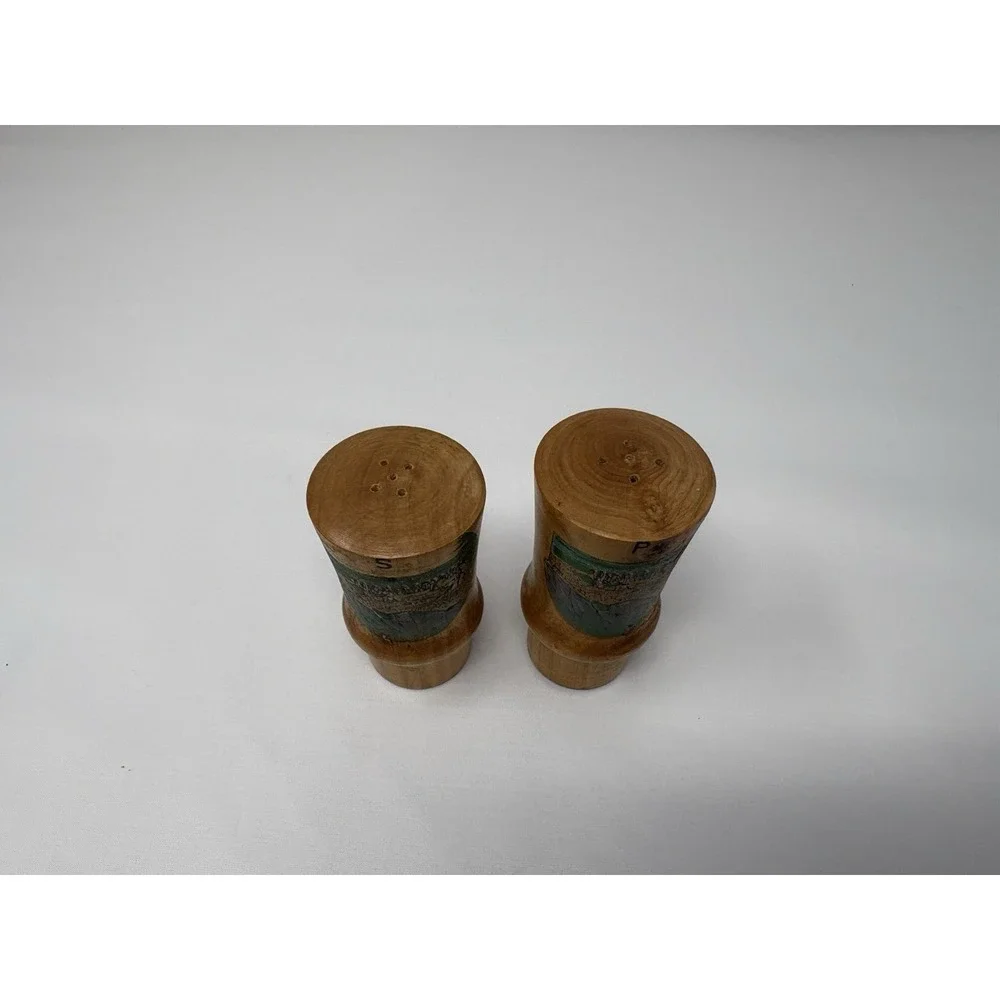 Vintage Mid Century Wooden Salt & Pepper Shakers Landscape Tourist Souvenir‎